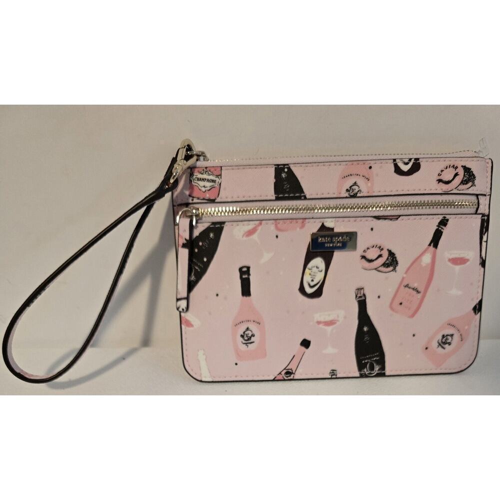 Kate Spade Champagne Toss Print Tinie Pouch/Wristlet ~ Black/Pink/White NEW - Picture 5 of 6